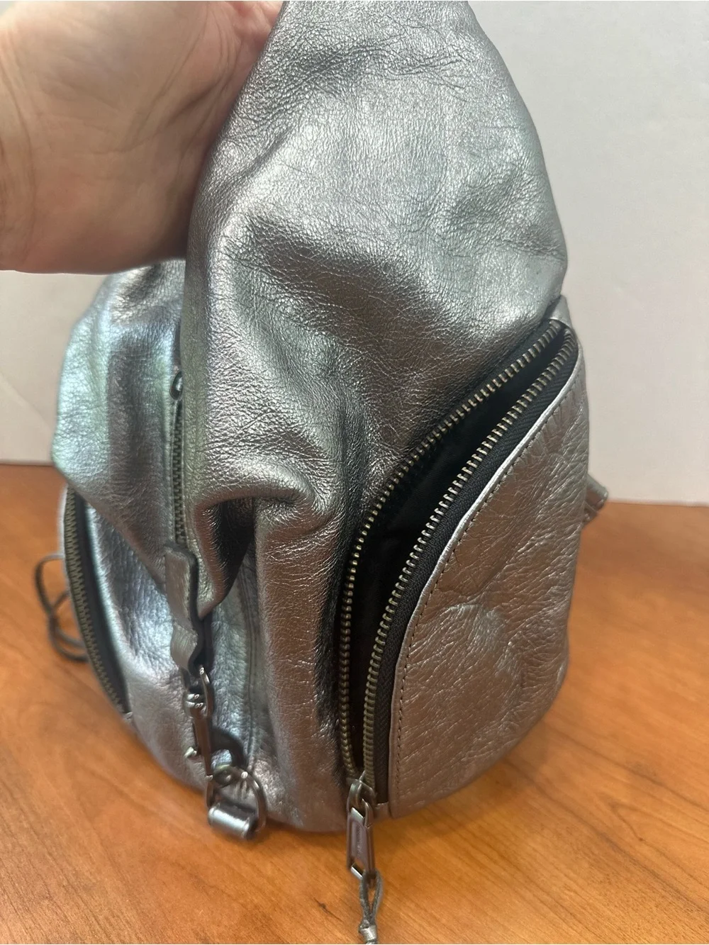 Rebecca Minkoff Mini Julian Silver Metallic Leather Backpack Sling Bag